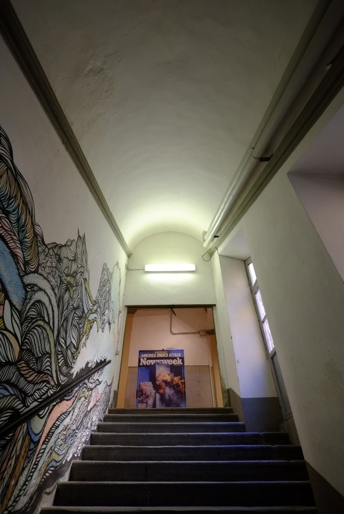 Steps leading to multiple levels of the exhibition